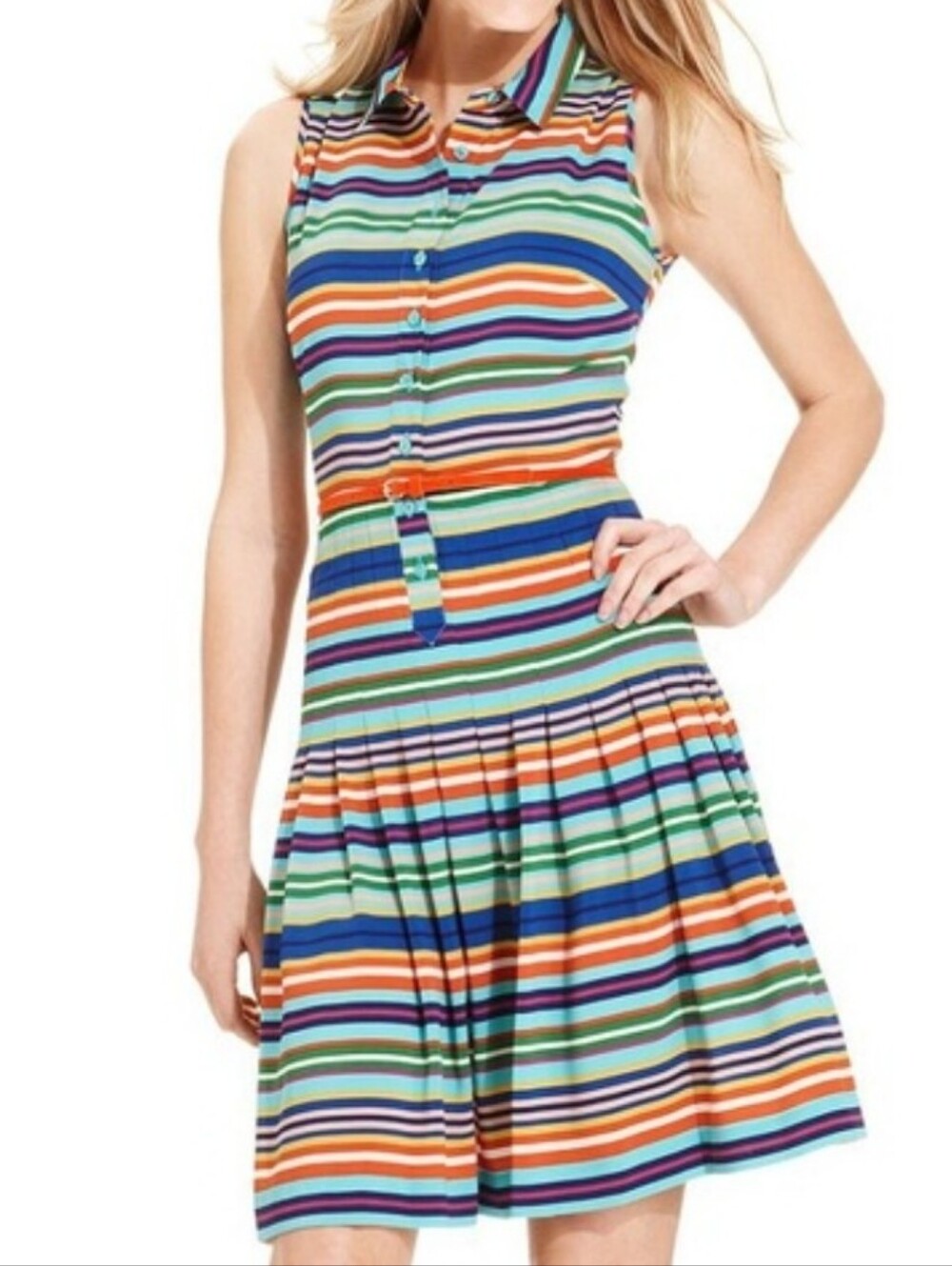 Calvin Klein Sleeveless Striped Mini Dress in Blue, Green, Orange & Purple